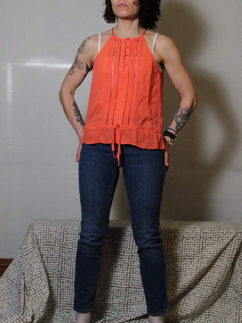 Parker Silk Art Deco Halter Sleeveless Coral Blouse XS